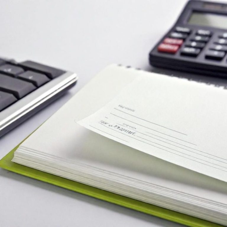 Bookkeeping image Notepad with a visible blank check, calculator, and computer keyboard in the background.