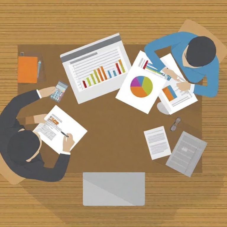 Business consulting Two people working at a desk with charts, graphs, and documents.