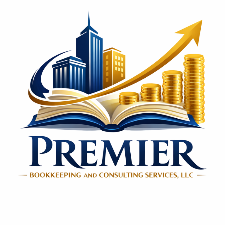 Premier logo Logo featuring an open book, skyscrapers, and upward arrows with coins, labeled "Premier."